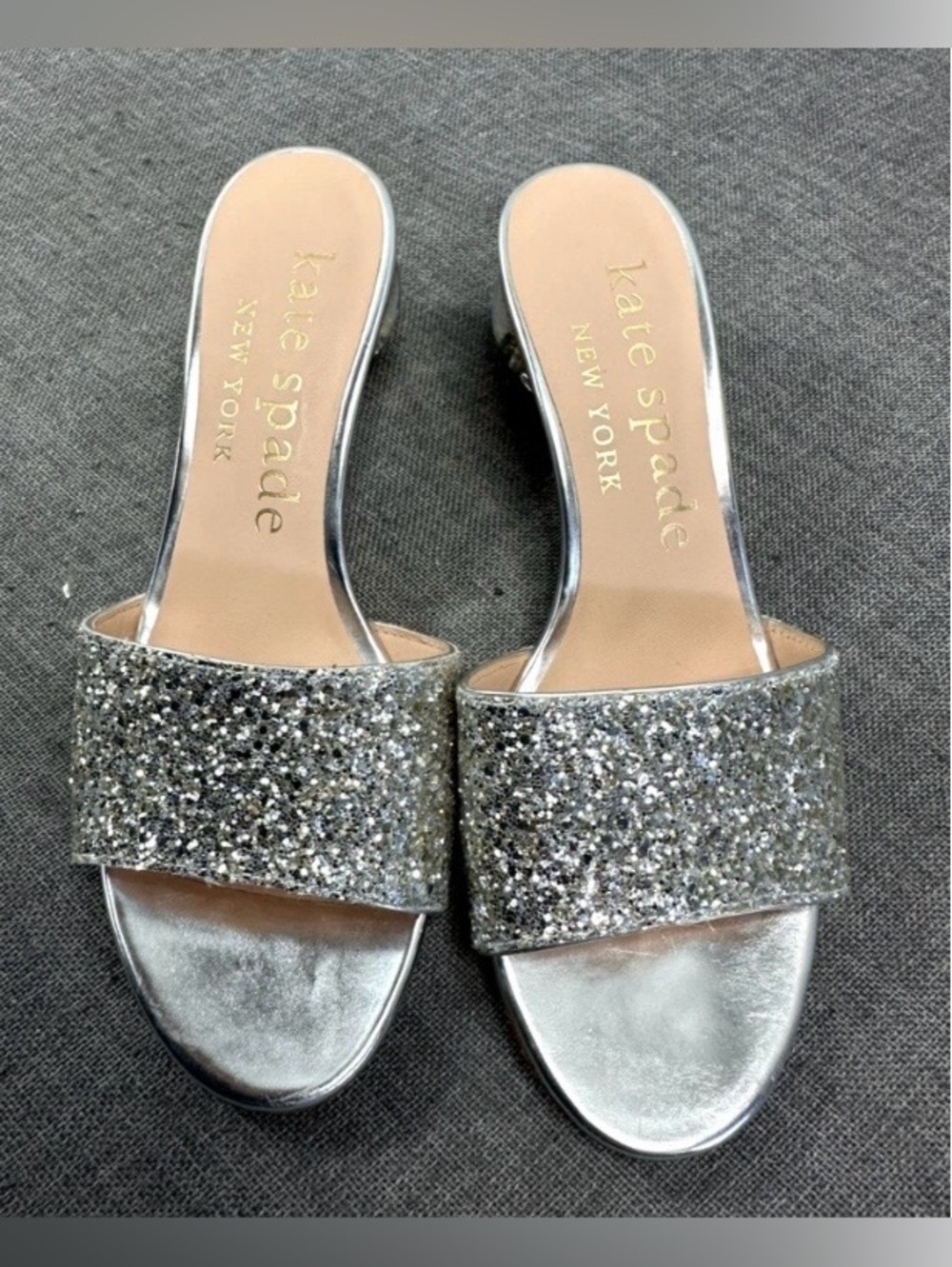 Kate Spade Silver Glitter New York Globe Slide Heels - Picture 2 of 10